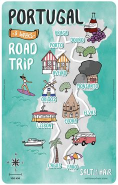 the portugal road trip map is shown in blue and green water with words on it