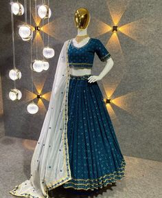 "About Product : Hand crafted mirror and designer art of work light color range bridal Lehenga choli For Women. Dupatta With four side lace and butti Lehenga Choli.💃Lehenga choli💃 Blue Colour available Embroidered Attractive Party Wear Silk Lehenga choli has a Regular-fit and is Made From High-Grade Fabrics And Yarn. 💃 Lehenga Fabric :- Fox Georgette 9 Sequence Work.  💃 Dupatta Fabric :- Heavy Georgette Sequence 9mm With Fancy Border Latkan Work (dupatta size 2.40 meter) 💃 Blouse Fabric :- Fox Georgette, Sequence 9mm Work 💃 Lehenga Inner :- Micro Cotton 💃 Blouse Work :-Sequence 9mm Work, Coding Work, Embroidery Work, Zari Work.  💃 Lehenga Work :- Multi Needle Work, Sequence 9mm Work, Coding work, Embroidery Work, Zari Work. Less  💃 Type : Lehenga :-Semi Stitched, Blouse :- Unstitc Bridesmaid Lengha, White Lehenga Choli, Chikankari Lehenga, Indian Wedding Lehenga, Bridesmaid Lehenga, Silk Lehenga Choli, Cotton Lehenga, Lehenga Choli Wedding