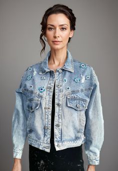 Discover our unique Embroidered cropped Jeans Jacket, a true standout piece for your wardrobe. This jacket is meticulously crafted and adorned with one-of-a-kind embellishments, all made from upcycled materials, ensuring that the piece is 100% sustainable. The cropped silhouette adds a modern twist to this classic denim staple, while the intricate embroidery adds a touch of elegance. Perfect for  day to night adding a statement to any outfit, this jacket is a must-have for eco-conscious consumer Embroidered Jean Jacket, Womens Jackets, Upcycled Materials, Jeans Jacket, Conscious Consumer, Intricate Embroidery, Embroidered Jeans, Sewing Gifts, Coldplay