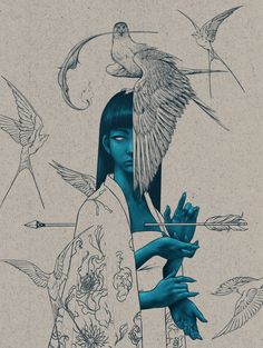 a drawing of a woman with blue hair holding an arrow and flying birds above her head