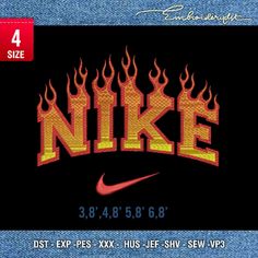 the nike logo is shown in red and yellow on a black background with blue jeans