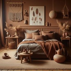 a bedroom with brown walls and wooden flooring is pictured in this image, there are two vases on either side of the bed