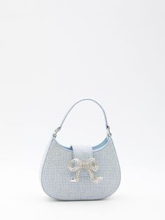 100% Cotton Luxury Blue Embellished Shoulder Bag, Chic Embellished Blue Bag, Chic Blue Embellished Bag, Formal Blue Embellished Shoulder Bag, Rhinestone Denim, Metal Bow, Crescent Bag, Versace Shop, Denim Chic