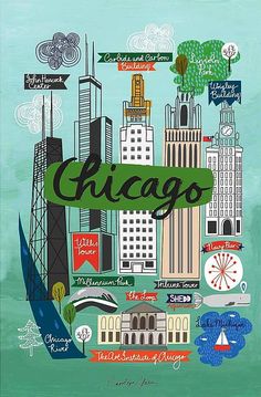 the chicago skyline is depicted in green and blue