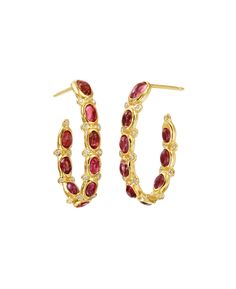 These exceptional one-of-a-kind Burmese ruby earrings elevate the natural beauty and inner light of the wearer. Hollow cut cabochons bring a rich luminosity rarely seen. Framed in gold and studded with diamonds, these classic hoops are as elegant as they are understated, their mystical quality transcending time and spa Elegant Small Hoop Earrings With Bezel Setting, Diamond Gemstone Hoop Earrings, Luxury Round Hoop Earrings With Gemstones, Luxury Round Gemstone Hoop Earrings, Elegant Ruby Hoop Earrings For Anniversary, Elegant Oval Hoop Earrings With Gemstone, Elegant Round Hoop Earrings With Gemstone Accents, Burmese Jewelry, Burmese Ruby