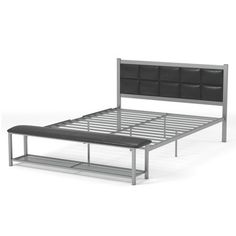 a metal bed frame with black leather headboard and foot board is shown in front of a white background