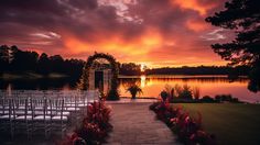 an outdoor wedding setup with white chairs and red flowers on the grass at sunset, overlooking a lake