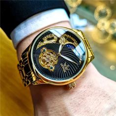 Just found this amazing item on AliExpress. Check it out! $64.59 | AOKULASIC Gold Skeleton Mens Watch Retro Moon Phase Tourbillon Automatic Mechanical Watches Luxury Stainless Steel Band Luminous Gold Skeleton, Timepiece Design, Watch Gift Box, Mechanical Watch Men, Tourbillon Watch, Estilo Real, Skeleton Watches, Watch Luxury, Vintage Watches For Men