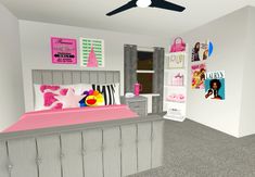 the bedroom is decorated in pink and gray