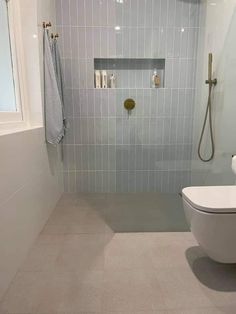 a white toilet sitting next to a walk in shower