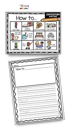 an activity sheet with the words how to write and pictures on it, in black and white