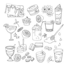 a bunch of different items that are drawn in black and white