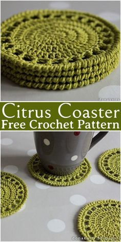 crocheted coasters with the words citrus coaster free crochet pattern