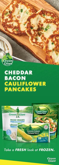 the advertisement for cheddar bacon and cauliflower pancake is displayed on a cutting board