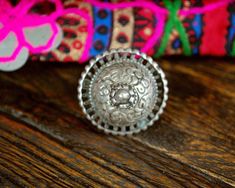 "Here we have a large and substantial old tribal silver ring from Rajasthan, India. A dome top with engraved flowers and a thick and sturdy ring band. Measurements are: Size: 6.5 Top Diameter: 30mm (1.2\") Top Height: 23mm (almost 1\") Weight: 19gr. This ring ships registered priority and with tracking! :-) ❀ Please read my shop and return policies before purchasing ❀ https://www.etsy.com/shop/CosmicNorbu/policy?ref=shopinfo_policies_leftnav" Traditional Silver Engraved Ring, Bohemian Engraved Ring With Intricate Design, Traditional Silver Rings For Rituals, Bohemian Silver Engraved Ring, Ring Indian, Moroccan Jewelry, Engraved Flower, Cute Letters, Lapis Lazuli Ring