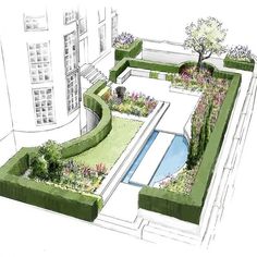 a drawing of a garden with a pool in the center and trees on both sides