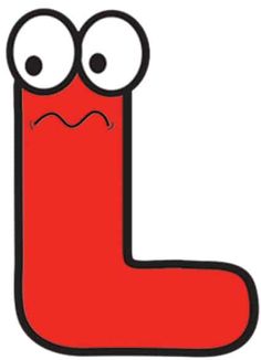 the letter l with eyes and nose drawn on it's face, in red