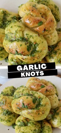 garlic knots with pesto sauce on top and in the middle, ready to be eaten