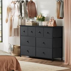 A black dresser can be more than just a handy place for clothing storage and also furniture that is easy to fit right into your home. The designer focuses on simplicity and does not have too many patterns of decoration, carefully selected drawer cabinets, and your room for a peaceful and quiet space. Ebern Designs Color: Black Gray | Ebern Designs Ojaswi 8-drawer Dresser, Fabric Storage | 29.5" H X 40.6" W X 11.8" D | Wayfair Drawer Cabinets, Bedroom Gray, Drawers For Bedroom, Black Dresser, Quiet Space, Black Dressers, 8 Drawer Dresser, Gray Bedroom, Bedroom Furniture Dresser