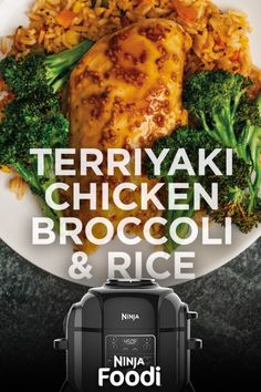 an advertisement for the ninja foodi chicken broccoli and rice cooker is shown