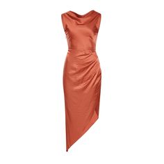 The Sophia in Burnt Orange from Altera London is a statement of evening elegance, perfect for weddings, romantic dates, and events. The dress features an innovative drape vest top designed to elegantly conceal bra straps, paired with a lower back drape for a sexy sophisticated silhouette. Its asymmetrical skirt, accented with tasteful ruching, enhances the dress's allure, making it an ideal choice for those seeking a blend of contemporary style and classic elegance for high-profile occasions. St Asymmetrical Pre-draped Evening Dress For Gala, Pre-draped Asymmetrical Midi Dress For Dinner, Silk Pre-draped Dinner Evening Dress, Pre-draped Asymmetrical Evening Dress For Gala, Pre-draped Bias Cut Evening Dress For Cocktail, Asymmetrical Pre-draped Evening Dress For Dinner, Fitted Ruched Silk Asymmetrical Dress, Pre-draped Asymmetrical Evening Dress For Dinner, Draped Evening Dress With Fitted Bodice For Dinner