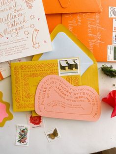 Bright colored wedding invitation suite with RSVP cards and custom stamps Catskills Mountains, Colorful Wedding Invitations, The Catskills, Stationary Design, Colorful Wedding, Card A, Wedding Mood Board, Wedding Mood, Tag Design