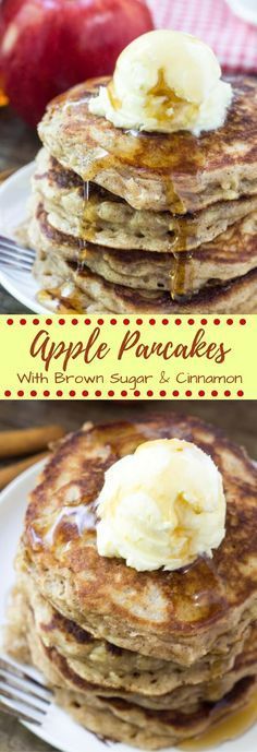 pancakes with butter and syrup on a white plate, topped with an apple in the background