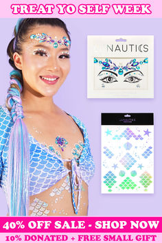 40% OFF ALL SELECT WOMEN'S ACCESSORIES. PLUS, 10% DONATED. PLUS, FREE SMALL GIFT WITH PURCHASE. Featuring our Lunautics Mermaid Face Jewel Tiara Set and Holographic Mermaid Temp Tattoo Set in a gorgeous aquatic blue and purple color palette. Sale only lasts this week. Discount applies at checkout. 10% of your total purchase will be donated to a domestic violence survivors shelter for moms and kids. Blue And Purple Color Palette, Mermaid Face, Purple Color Palette, Purple Color Palettes, Face Jewels, Temp Tattoo, Women's Beauty, Clothes For Kids, Tattoo Set