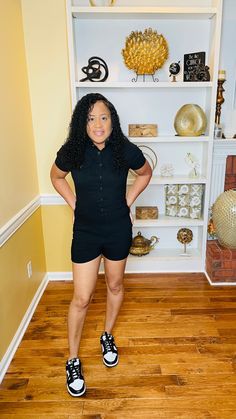 Get ready to rock it in this black button front denim romper! With a sharp collar this romper is perfect for any occasion. Whether it's a casual day out or a night on the town, this romper has got you covered with style and comfort. Model is wearing a medium for a loser fit Black Denim Romper, Denim Romper, Curvy Dress, Black Button, Top Shoes, Black Denim, Dresses For Sale, Jumpsuit Dress, Jumpsuit