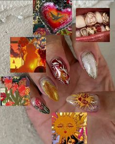 orange tones nails, sun nails , nailart Sun Design On Nails, Fire Design On Nails, Sun On Nails, Sun Inspired Nails, Sun Themed Nails, Nails Different Colors Each Finger, Hippie Nail Art Boho, Marigold Nails, Nail Asthetic Pics