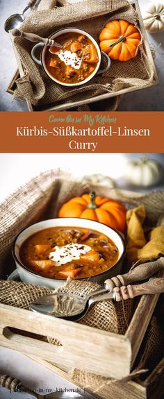 two bowls of soup with pumpkins in the background and on top of each other