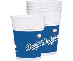 the dodgers plastic cups are stacked on top of each other