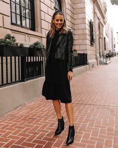 What To Wear on a Night Out : The Ultimate Guide — No Time For Style Black Dress And Leather Jacket Outfit, Leather Jacket With Dresses, Moto Jacket And Dress Outfit, Knit Dress With Leather Jacket, Black Dress With Leather Jacket Outfit, Midi Dress Leather Jacket Outfit, Jacket With Midi Dress, All Black Feminine Outfit, Black Leather Jacket Dress Outfit