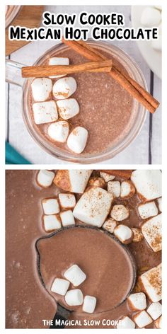 two pictures showing how to make slow cooker mexican hot chocolate with marshmallows