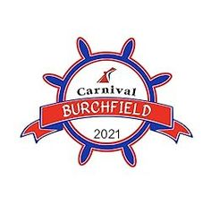 the carnival burchfield logo is red, white and blue with an orange ribbon around it