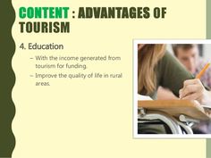 a person writing on a piece of paper with the words content advantages of tourism