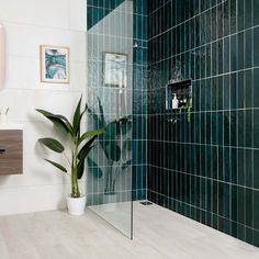 a green tiled bathroom with a plant in the corner and a mirror on the wall