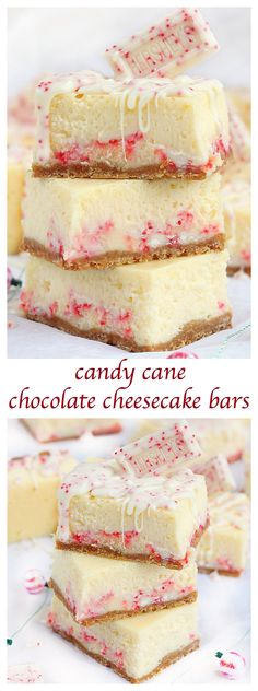 three pictures of candy cane cheesecake bars stacked on top of each other with the words, candy cane chocolate cheesecake bars