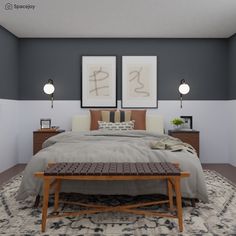 a large bed sitting in a bedroom next to two pictures on the wall above it