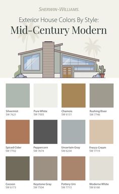 the exterior house colors by style mid - century modern, with different shades and sizes