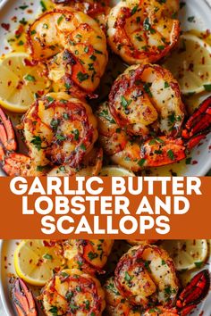 garlic butter lobster and scallops on a white plate