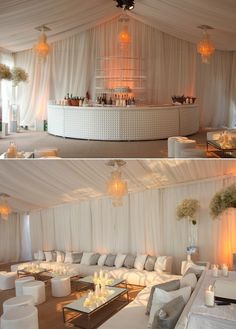 the inside of a white tent with couches and tables set up for an event