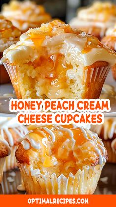 honey peach cream cheese cupcakes on a plate with the title overlay reading honey peach cream cheese cupcakes