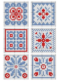 four cross stitch squares with red and blue designs on them, all in the same pattern