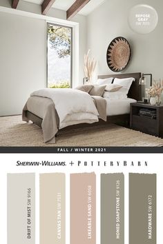 a bedroom with white walls and neutrals in the color scheme, including beige bedding