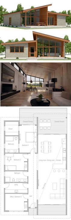 two different views of the inside and outside of a house, one showing an open floor plan