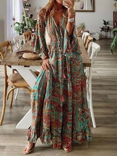 فستان زهري, Trendy Dresses Summer, Stil Boho, Hippy Chic, Holiday Floral, Resort Dresses, Floral Dresses Long, Puff Long Sleeves, Womens Floral Dress