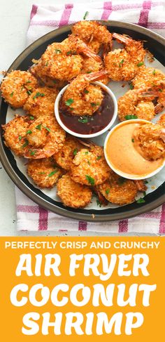 air fryer coconut shrimp on a plate with dipping sauce