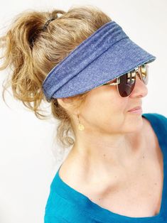 Sun Visor for Women Sizes Large or SmallPin stripe baby blue with dark blue denim on reverseReady to ship in 2-3 business daysAdjustable back hook and loop closure OVERVIEWNot only is this sun visor adjustable it also can protect you from the shade, oh, and it’s reversible! Perfect for farmers market, walking, running and especially great for gardening and ball games. Keep your face and ears shaded with this lightweight visor. SMALL vs. LARGE BRIM✂Small brim measures 20 inches around and the dep Summer Visor, Summer Beanie, Golf Visor, Womens Visor, Ball Games, Floppy Hats, Summer Hats For Women, Stretch Headband, Women Running