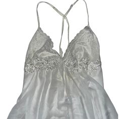 Linea Donatella Ivory Sheer Nightgown New With Tag, Missing Bottom, So Just The Sheer Lace Nightgown White Satin Sleepwear For Bedtime, Sleeveless Delicate Lace Sleepwear For Wedding Night, Sheer Satin Nightgown For Wedding Night, White Satin Nightgown With Spaghetti Straps, Satin Coquette Nightgown For Sleep, White V-neck Sleepwear For Sleepover, Coquette Spaghetti Strap Nightgown For Wedding Night, White Satin Sleepwear For Wedding Night, Delicate Lace Sleepwear Camisole For Bedtime